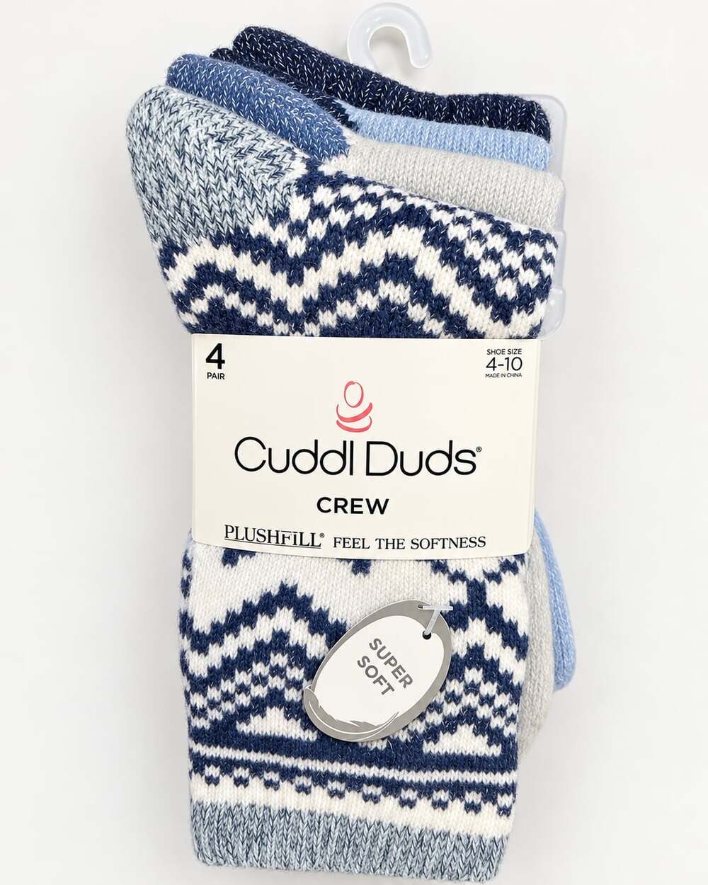 Cuddl Duds Plushfill Crew Socks 4 Pair Blue Fair Isle Super Soft NWT Size 4-10
